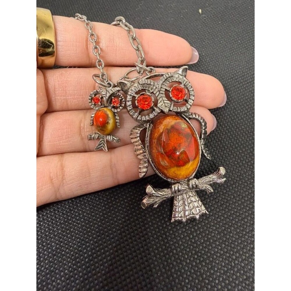 Vintage Style Owl Necklace Set Mama Baby Owl Orange Rhinestone Silver Tone Penda